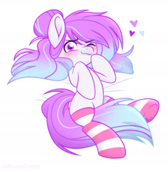 Size: 2279x2335 | Tagged: safe, artist:ninnydraws, oc, oc only, oc:blue lemonade, pony, bed, blushing, clothes, female, grin, heart, heart eyes, high res, looking at you, lying down, mare, on back, one eye closed, simple background, smiling, smirk, socks, solo, striped socks, white background, wingding eyes, wink