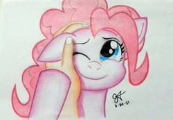 Size: 3991x2759 | Tagged: safe, artist:count oxymagomedov sear, derpibooru exclusive, pinkie pie, g4, cute, diapinkes, ear scratch, hand, high res, holding head, looking at you, one ear down, one eye closed, petting, smiling, traditional art