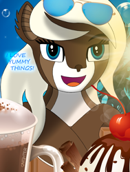 Size: 2464x3262 | Tagged: safe, artist:qnighter, oc, oc only, oc:starry snow, deer, deer pony, original species, bubble, chocolate, food, high res, hot chocolate, ice cream, looking at you, sky, smiling, solo, sun, sunglasses, text, tree