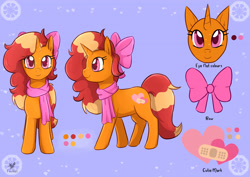 Size: 3508x2480 | Tagged: safe, artist:foxhatart, oc, oc only, oc:warm embrace, pony, unicorn, bow, clothes, female, high res, mare, reference sheet, scarf, solo