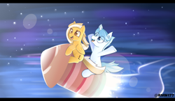 Size: 3800x2200 | Tagged: safe, artist:rivin177, oc, oc only, pegasus, pony, unicorn, commission, flying, high res, hooves in air, lens flare, night, ocean, riding, rocket, stars