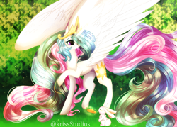 Size: 3500x2500 | Tagged: safe, artist:krissstudios, princess celestia, alicorn, pony, rabbit, animal, carrot, cute, eye clipping through hair, female, flowing mane, flowing tail, food, glowing horn, heart, herbivore, horn, impossibly large wings, large wings, magic, majestic, mare, queen celestia, smiling, solo, spread wings, telekinesis, wings