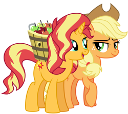 Size: 1024x917 | Tagged: safe, artist:emeraldblast63, applejack, sunset shimmer, earth pony, pony, unicorn, g4, apple, backwards cutie mark, basket, duo, duo female, female, food, friends, mare, simple background, transparent background