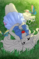 Size: 1300x1950 | Tagged: safe, artist:jerraldina, alicorn, butterfly, pegasus, unicorn, anthro, clothes, commission, female, flower, furry, grass, lying down, mare, outdoors, rose, skirt, solo, spring, sunshine, your character here