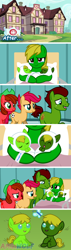 Size: 796x2817 | Tagged: safe, artist:amgiwolf, oc, oc only, oc:jungle heart, earth pony, pony, baby, baby pony, base used, bed, bust, comic, commission, earth pony oc, female, freckles, hat, hospital bed, indoors, male, mare, offspring, parent:oc:jungle heart, parents:oc x oc, raised hoof, smiling, stallion, ych result