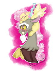 Size: 899x1200 | Tagged: safe, artist:cocolove2176, discord, fluttershy, draconequus, pegasus, pony, g4, abstract background, blushing, bust, eyes closed, female, fluttershy riding discord, male, mare, riding, ship:discoshy, shipping, signature, smiling, straight, wings