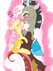 Size: 899x1200 | Tagged: safe, artist:cocolove2176, discord, fluttershy, draconequus, pegasus, pony, g4, abstract background, blushing, eyes closed, female, heart, hug, male, mare, onomatopoeia, ship:discoshy, shipping, sleeping, smiling, sound effects, straight, wings, zzz