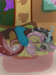 Size: 899x1200 | Tagged: safe, artist:cocolove2176, discord, fluttershy, draconequus, pegasus, pony, g4, blushing, coils, eyes closed, female, indoors, lying down, male, mare, night, prone, ship:discoshy, shipping, sleeping, stars, straight, wings