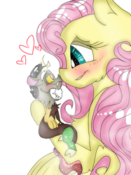 Size: 899x1200 | Tagged: safe, artist:cocolove2176, discord, fluttershy, draconequus, pegasus, pony, g4, bust, eyelashes, female, heart, holding a pony, looking at each other, male, mare, micro, ship:discoshy, shipping, simple background, smiling, straight, white background, wings