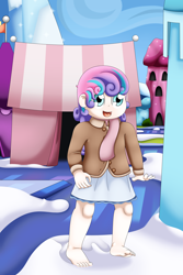 Size: 4000x6000 | Tagged: safe, artist:pvryohei, princess flurry heart, human, g4, barefoot, barefooting, clothes, crystal empire, cute, feet, female, humanized, jacket, scarf, skirt, snow, soles, solo, walking