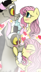 Size: 540x938 | Tagged: safe, artist:cocolove2176, discord, fluttershy, draconequus, pegasus, pony, g4, blushing, eyelashes, eyes closed, facial hair, female, goatee, heart, kissing, looking at each other, male, mare, ship:discoshy, shipping, smiling, straight, wide eyes, wings