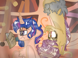 Size: 1200x899 | Tagged: safe, artist:cocolove2176, oc, oc only, oc:coraliss rose, alicorn, draconequus, hybrid, pony, alicorn oc, book, bookshelf, chest fluff, duo, female, frown, horn, indoors, interspecies offspring, mare, offspring, parent:discord, parent:flash sentry, parent:fluttershy, parent:twilight sparkle, parents:discoshy, parents:flashlight, reading, smiling, unamused, upside down, wings