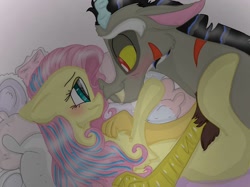 Size: 1200x899 | Tagged: safe, artist:cocolove2176, discord, fluttershy, draconequus, pegasus, pony, g4, blushing, eyelashes, female, looking at each other, lying down, male, mare, on back, ship:discoshy, shipping, story included, straight, wings