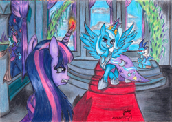 Size: 888x630 | Tagged: safe, artist:shadowingartist, idw, cosmos, princess ember, trixie, twilight sparkle, alicorn, pony, unicorn, g4, alicornified, alternate universe, angry, cape, clothes, coronation, dress, grin, race swap, scenery, smiling, spread wings, stained glass, traditional art, trixiecorn, unicorn twilight, wings
