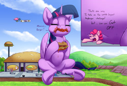 Size: 2500x1692 | Tagged: safe, artist:tsitra360, pinkie pie, twilight sparkle, alicorn, earth pony, pony, g4, airship, banner, belly, burger, commission, dialogue, eating, eyes closed, female, food, giant food, giant pony, giant twilight sparkle, hay burger, herbivore, macro, mare, open mouth, restaurant, simpsons did it, sitting, sitting on person, sitting on pony, twilight burgkle, twilight sparkle (alicorn), underhoof, yelling
