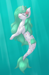 Size: 1200x1830 | Tagged: safe, artist:princesssaphira, oc, oc only, pony, seapony (g4), starfish, unicorn, crepuscular rays, dorsal fin, eyes closed, female, fish tail, flowing mane, horn, jewelry, looking up, necklace, ocean, seaponified, smiling, solo, species swap, swimming, tail, underwater, water