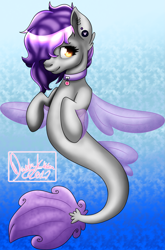 Size: 1911x2887 | Tagged: safe, artist:causticfiredrake, oc, oc only, pegasus, pony, seapony (g4), blue background, deviantart watermark, dorsal fin, fin wings, fish tail, jewelry, logo, necklace, obtrusive watermark, seaponified, simple background, smiling, solo, species swap, tail, underwater, watermark, wings, yellow eyes