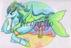 Size: 1280x872 | Tagged: safe, artist:neoncito, oc, oc only, fish, seahorse, seapony (g4), blue eyes, coral, crown, dorsal fin, female, fin wings, fins, fish tail, flowing mane, flowing tail, jewelry, logo, necklace, ocean, pearl, regalia, seashell, seaweed, smiling, solo, swimming, tail, underwater, water, watermark, wings