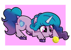 Size: 4093x2894 | Tagged: safe, artist:tokkii, izzy moonbow, pony, unicorn, g5, ball, crouching, female, izzy's tennis ball, looking at something, solo, tennis ball