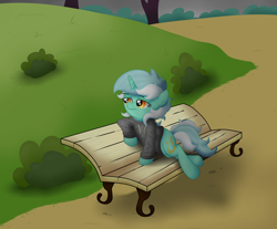 Size: 5300x4390 | Tagged: safe, artist:background basset, lyra heartstrings, pony, unicorn, fanfic:background pony, g4, bench, bush, clothes, depressed, dig the swell hoodie, female, hoodie, mare, park, solo, tree