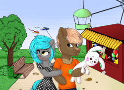 Size: 3000x2172 | Tagged: safe, artist:smelon, oc, oc only, oc:sorajona, oc:sorajona darkwing, oc:stormfire, oc:stormfire darkwing, pegasus, semi-anthro, amusement park, arm hooves, background pony, balloon, blue eyes, brown fur, chest fluff, clothes, colored, couple, cute, d.va, dress, duo focus, grey fur, halfbody, happy, heterochromia, high res, holding hands, love, married couple, oc x oc, overwatch, plushie, reference, scene hair, shipping, sky, smiling, tree