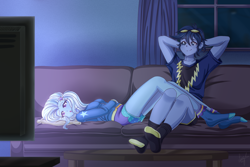 Size: 4500x3000 | Tagged: safe, artist:lucy-tan, trixie, oc, equestria girls, g4, :o, arm behind head, blinds, clothes, commission, couch, duo, feet on table, female, high res, legs, lying down, male, missing shoes, on back, open mouth, relaxing, shorts, skirt, smiling, socks, stocking feet, sunglasses, television, window