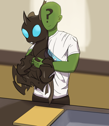 Size: 2501x2900 | Tagged: safe, artist:vultraz, oc, oc only, oc:anon, oc:notaulix, changeling, human, pony, clothes, counter, cyoa, cyoa:buggycyoa, drawthread, duo, high res, holding a changeling, holding a pony, kitchen, pants, requested art, shirt, smiling
