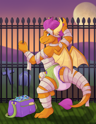 Size: 1866x2400 | Tagged: safe, artist:carnival-tricks, smolder, dragon, g4, adult foal, candy, clothes, costume, diaper, diaper bag, diaper fetish, dragoness, female, fetish, food, graveyard, halloween, halloween costume, holiday, looking back, mummy costume, non-baby in diaper, smolder in diaper, solo, toilet paper