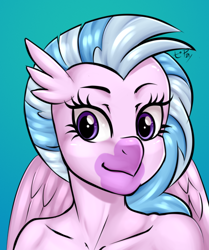 Size: 546x654 | Tagged: safe, artist:pia-sama, silverstream, hippogriff, anthro, g4, blue background, bust, female, looking at you, portrait, simple background, solo