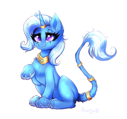 Size: 3590x3379 | Tagged: safe, artist:confetticakez, trixie, pony, sphinx, unicorn, g4, chest fluff, collar, female, high res, horn, horn ring, jewelry, lidded eyes, magic suppression, mare, paws, ring, simple background, smiling, solo, species swap, sphinxified, white background