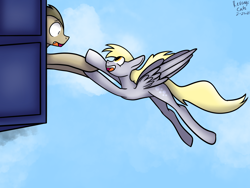 Size: 2048x1536 | Tagged: safe, artist:revenge.cats, derpy hooves, doctor whooves, time turner, earth pony, pegasus, pony, g4, doctor who, female, flying, holding hooves, male, ship:doctorderpy, shipping, shock, sky, smiling, straight, tardis, the doctor, wings