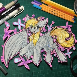 Size: 1080x1080 | Tagged: safe, alternate version, artist:moshi.poni, derpy hooves, pegasus, pony, g4, chest fluff, colored, ear fluff, eyelashes, female, mare, open mouth, signature, smiling, solo, traditional art, wings