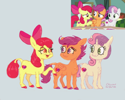 Size: 2752x2202 | Tagged: safe, artist:churoswdulc, screencap, apple bloom, scootaloo, sweetie belle, earth pony, pegasus, pony, unicorn, g4, apple bloom's bow, bow, colored, cute, cutie mark, cutie mark crusaders, female, fluffy, hair bow, happy, high res, mare, screencap reference, simple background, smiling