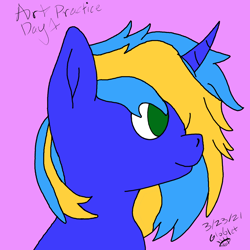 Size: 1024x1024 | Tagged: safe, artist:globlet_, oc, oc only, oc:scribbling ink, pony, unicorn, cute, male, mane, poofy mane, practice, sideprofile, smiling, solo