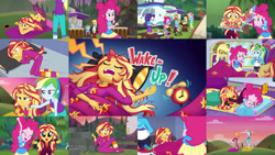 Size: 1280x722 | Tagged: safe, edit, edited screencap, editor:quoterific, screencap, applejack, fluttershy, pinkie pie, rainbow dash, rarity, spike, spike the regular dog, sunset shimmer, dog, equestria girls, g4, my little pony equestria girls: better together, wake up!, wake up!: applejack, wake up!: pinkie pie, wake up!: rainbow dash, barefoot, blanket, clothes, cutie mark, cutie mark on clothes, donut, eyes closed, feet, food, geode of empathy, geode of fauna, geode of shielding, geode of sugar bombs, geode of super speed, geode of super strength, humane five, jewelry, magical geodes, music festival outfit, necklace, pants, sleeping, yoga, yoga pants