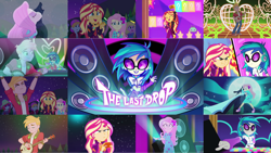 Size: 1280x722 | Tagged: safe, edit, edited screencap, editor:quoterific, screencap, big macintosh, dj pon-3, fluttershy, peppermint azure, sunset shimmer, vinyl scratch, equestria girls, g4, my little pony equestria girls: better together, the last drop, the last drop: big macintosh, the last drop: fluttershy, the last drop: sunset shimmer, blushing, cellphone, disc jockey, eeyup, eyes closed, geode of empathy, geode of fauna, glasses, lidded eyes, magical geodes, music festival outfit, phone, smartphone