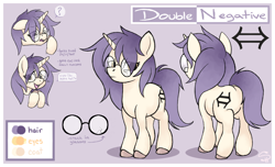 Size: 4100x2500 | Tagged: safe, artist:flutterbree, oc, oc only, oc:double negative, pony, unicorn, bed hair, cutie mark, excited, glasses, math, purple background, reference sheet, simple background, sleepy, solo