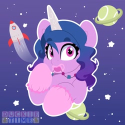 Size: 4000x4000 | Tagged: safe, artist:duckie, izzy moonbow, pony, unicorn, g5, abdl, abstract background, adult foal, baby, ball, eye clipping through hair, eyebrows, eyebrows visible through hair, lineless, mittens, obtrusive watermark, pacifier, planet, rocket, solo, space, stars, tennis ball, watermark
