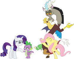 Size: 2950x2344 | Tagged: safe, artist:georgegarza01, artist:spottedlions, edit, discord, fluttershy, rarity, spike, draconequus, dragon, pegasus, pony, unicorn, dragon dropped, g4, cute, female, high res, holding claws, holding hands, holding hooves, hug, interspecies, male, ship:discoshy, ship:sparity, shipping, show accurate, simple background, smiling, straight, transparent background, vector, winged spike, wings
