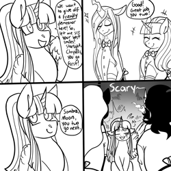 Size: 3000x3000 | Tagged: safe, artist:gingygin, king sombra, nightmare moon, queen chrysalis, starlight glimmer, twilight sparkle, alicorn, pony, unicorn, series:villain cafe, g4, black and white, comic, dialogue, female, grayscale, high res, male, mare, monochrome, s5 starlight, smiling, stallion, twilight sparkle (alicorn)