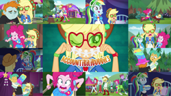 Size: 1280x721 | Tagged: safe, edit, edited screencap, editor:quoterific, screencap, applejack, duke suave, peppermint azure, pinkie pie, rainbow dash, scribble dee, snails, snips, starlight, accountibilibuddies, accountibilibuddies: pinkie pie, accountibilibuddies: rainbow dash, accountibilibuddies: snips, equestria girls, g4, my little pony equestria girls: choose your own ending, broken foot, eyes closed, geode of sugar bombs, geode of super speed, geode of super strength, glasses, hug, magical geodes, music festival outfit, one eye closed, pain, screaming