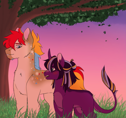 Size: 2347x2196 | Tagged: safe, artist:void-sommar, oc, oc only, oc:hill sprint, oc:page turner, earth pony, pony, unicorn, art trade, blushing, duo, female, grass, high res, leonine tail, magical lesbian spawn, male, mare, offspring, parent:applejack, parent:rainbow dash, parent:tempest shadow, parent:twilight sparkle, parents:appledash, parents:tempestlight, stallion, sunset, tree