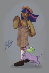 Size: 1181x1772 | Tagged: safe, artist:shacy's pagelings, spike, twilight sparkle, dachshund, dog, human, equestria girls, g4, dark skin, humanized, spike the dog