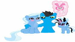 Size: 400x225 | Tagged: safe, artist:hurusaitama, trixie, oc, oc:dixie, oc:fast freddy, alicorn, pony, g4, alicorn oc, blush sticker, blushing, canon x oc, deviantart watermark, family, female, horn, levitation, magic, male, obtrusive watermark, offspring, parent:oc:fast freddy, parent:trixie, parents:canon x oc, plushie, shipping, simple background, straight, telekinesis, watermark, white background, wings