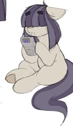 Size: 547x934 | Tagged: safe, artist:lockheart, oc, oc only, oc:dot matrix, earth pony, pony, bucktooth, chubby, dexterous hooves, female, floppy ears, game boy, hair over one eye, mare, simple background, solo, underhoof, white background