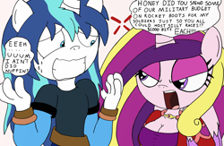 Size: 2048x1336 | Tagged: safe, artist:tenebrousmelancholy, princess cadance, shining armor, alicorn, unicorn, anthro, g4, angry, couple, dialogue, digital art, dindu nuffin, duo, female, husband and wife, imminent punishment, male, royalty, scared, sheepish grin, shining armor is a goddamn moron, simple background, sweat