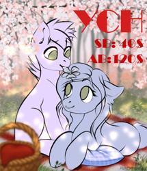 Size: 1101x1280 | Tagged: safe, artist:honeyapplecake, earth pony, pegasus, pony, unicorn, cherry blossoms, commission, cute, flower, flower blossom, spring, your character here