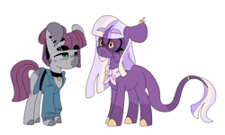 Size: 883x529 | Tagged: safe, artist:just-evs, maud pie, twilight sparkle, classical unicorn, earth pony, pony, unicorn, g4, alternate design, ascot, base used, choker, clothes, cloven hooves, ear piercing, earring, female, glasses, horn, jacket, jewelry, leonine tail, lesbian, missing horn, piercing, ring, shipping, simple background, tail, tail ring, twimaud, unshorn fetlocks, wedding ring, white background