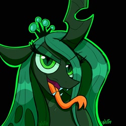 Size: 2000x2000 | Tagged: safe, artist:wutanimations, queen chrysalis, changeling, changeling queen, g4, black background, bust, crown, female, high res, jewelry, looking at you, regalia, simple background, smiling, solo, tongue out