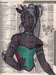 Size: 602x800 | Tagged: safe, artist:hanazawa, oc, oc only, unicorn, anthro, commission, crossdressing, digital art, femboy, horn, looking at you, male, open mouth, phone book, signature, smiling, solo